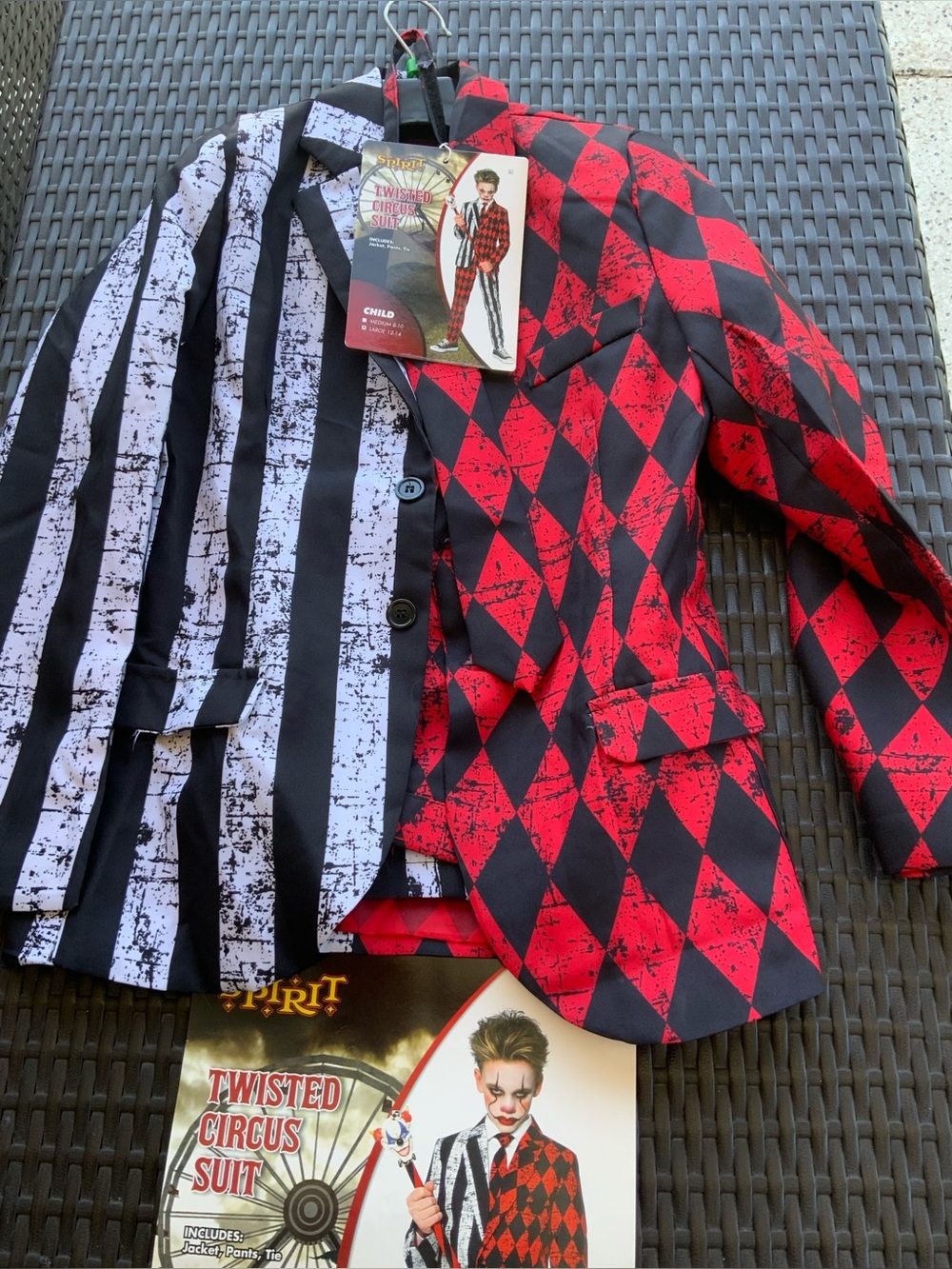 Gently worn Twisted Circus Two-Tone Harlequin Blazer, pants and tie.Red & Black